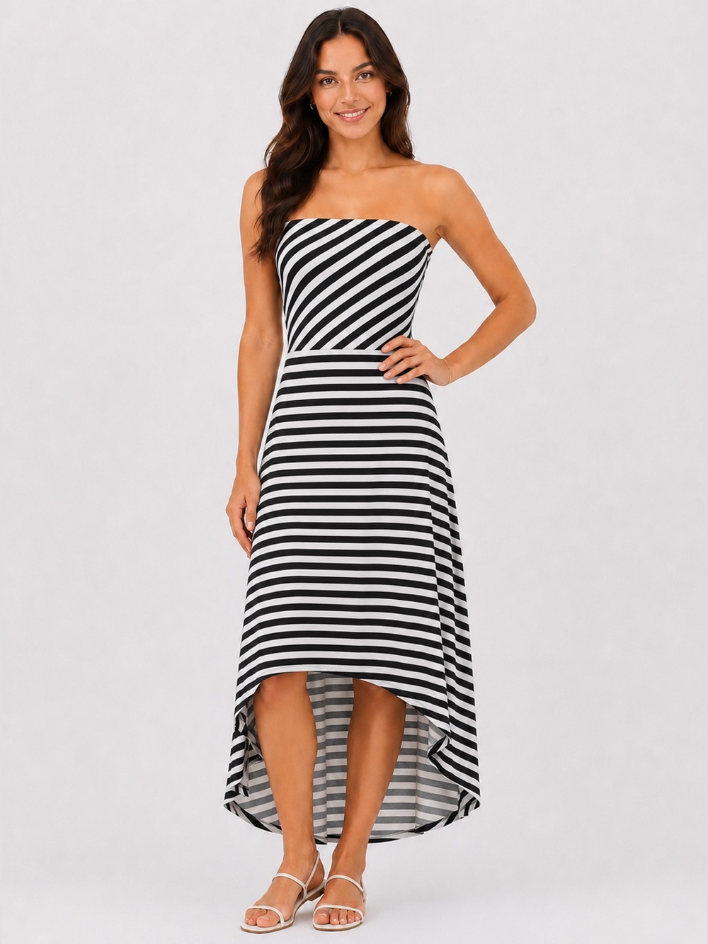 5th Love Hi-Low Strapless Dress-Navy/Ecru Stripe